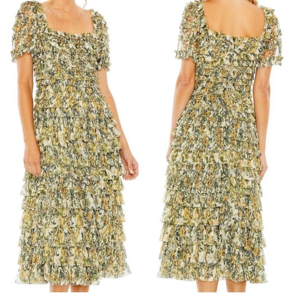 Mac Duggal Dresses & Skirts - Mac Duggal 8232 Square‑Neck Micro‑Ruffle Tea‑Length Dress – Size 6 NWT Floral